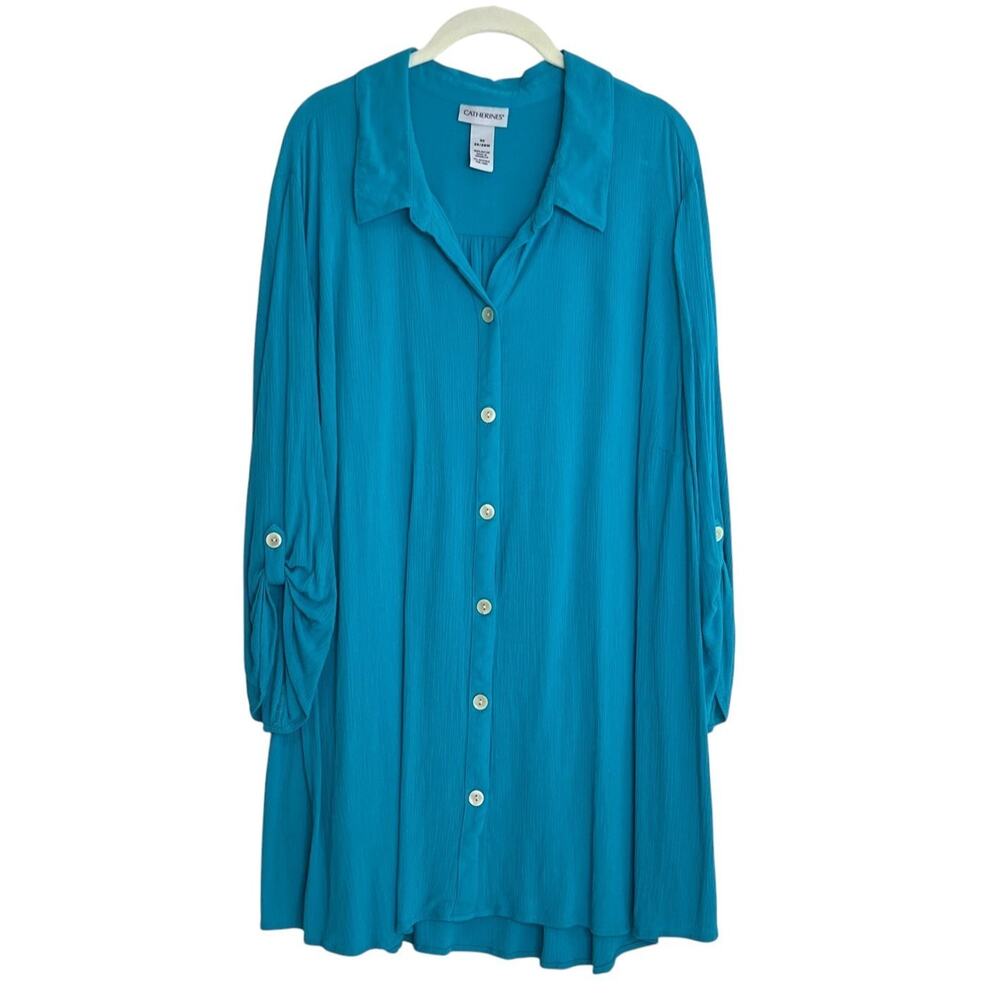 Catherines Womens Tunic Top 3X 26/28W Teal Rayon Button Front 3/4 Sleeve